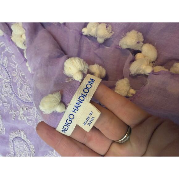 Indigo Handloom Purple Embroidered Pom Pom Scarf 34x70" - Picture 3 of 6